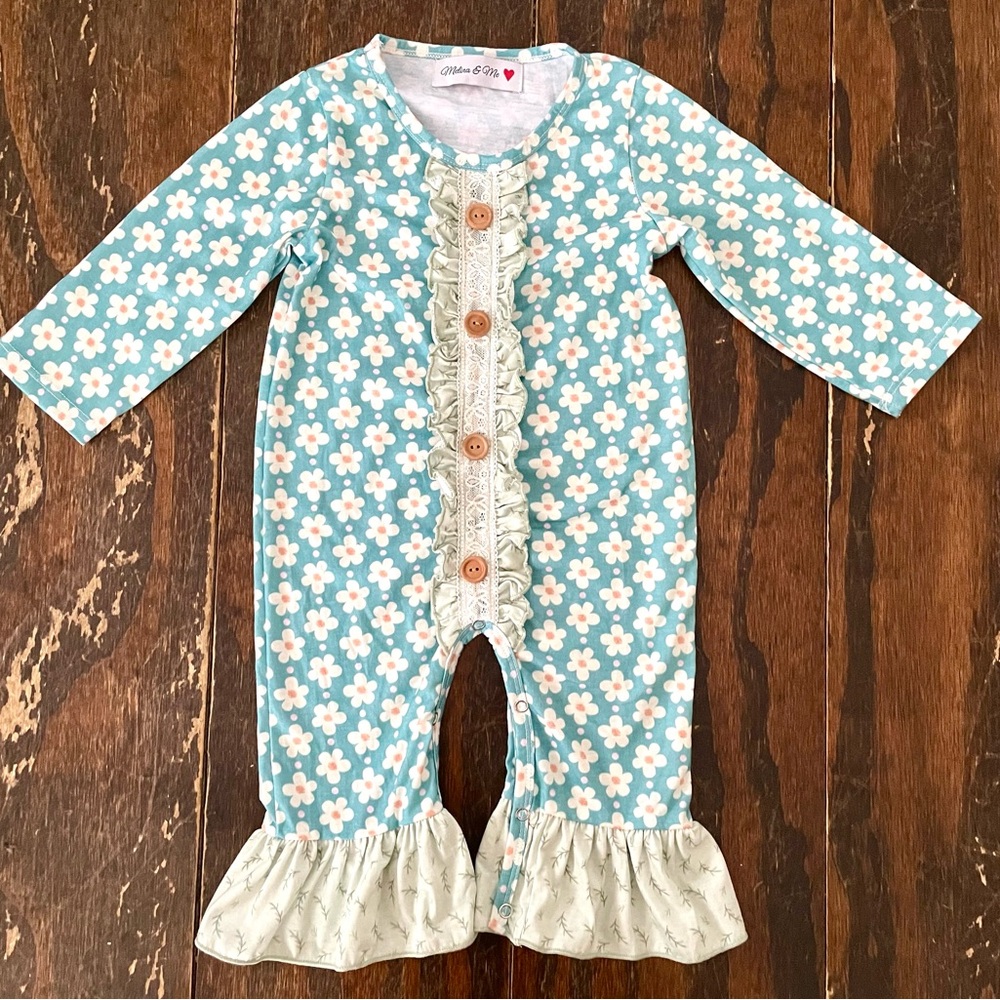 Boutique Melina & Me 9-12 Months Long-Sleeve Blue Flower Romper